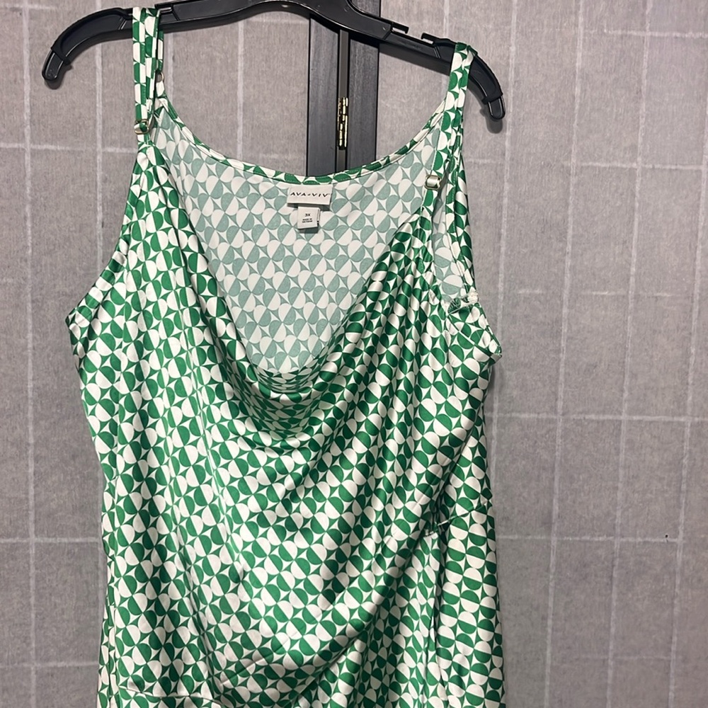 NWT Ava & Viv Women's Sleeveless Satin Dress Green Geometric Size 3X